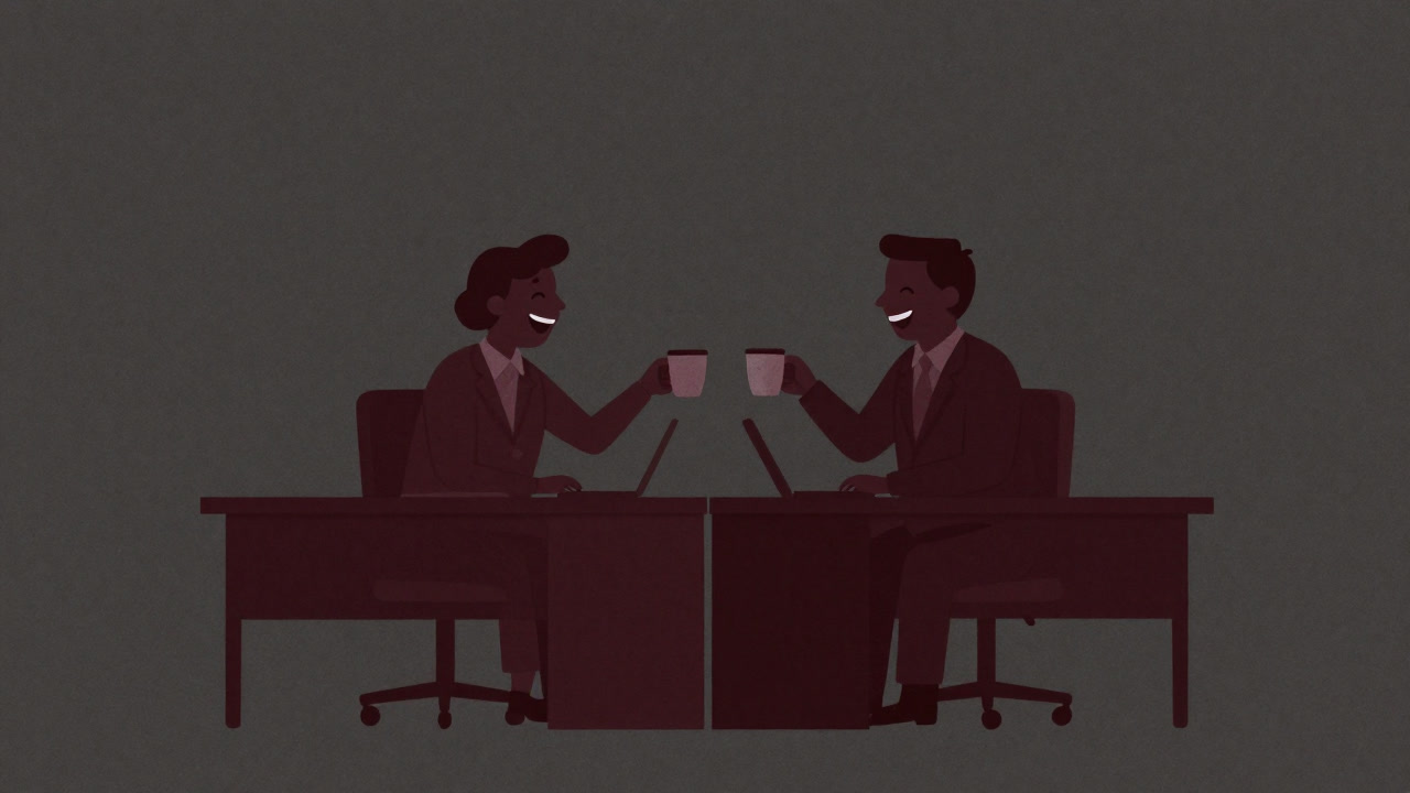 オフィスのデスクで寄り添いながら話す職場夫の二人のシルエット