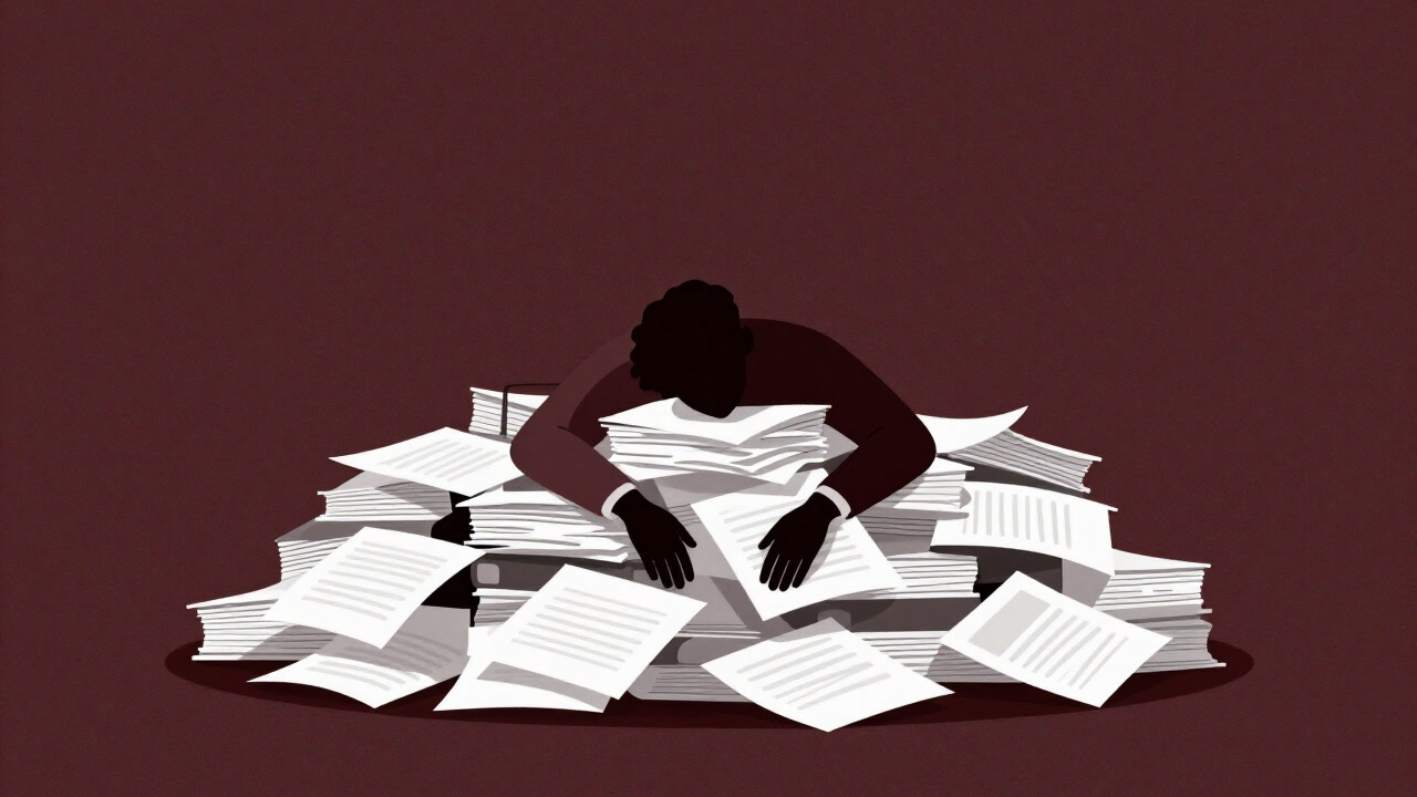 デスクに山積みの書類に埋もれた疲れ切った従業員のシルエット