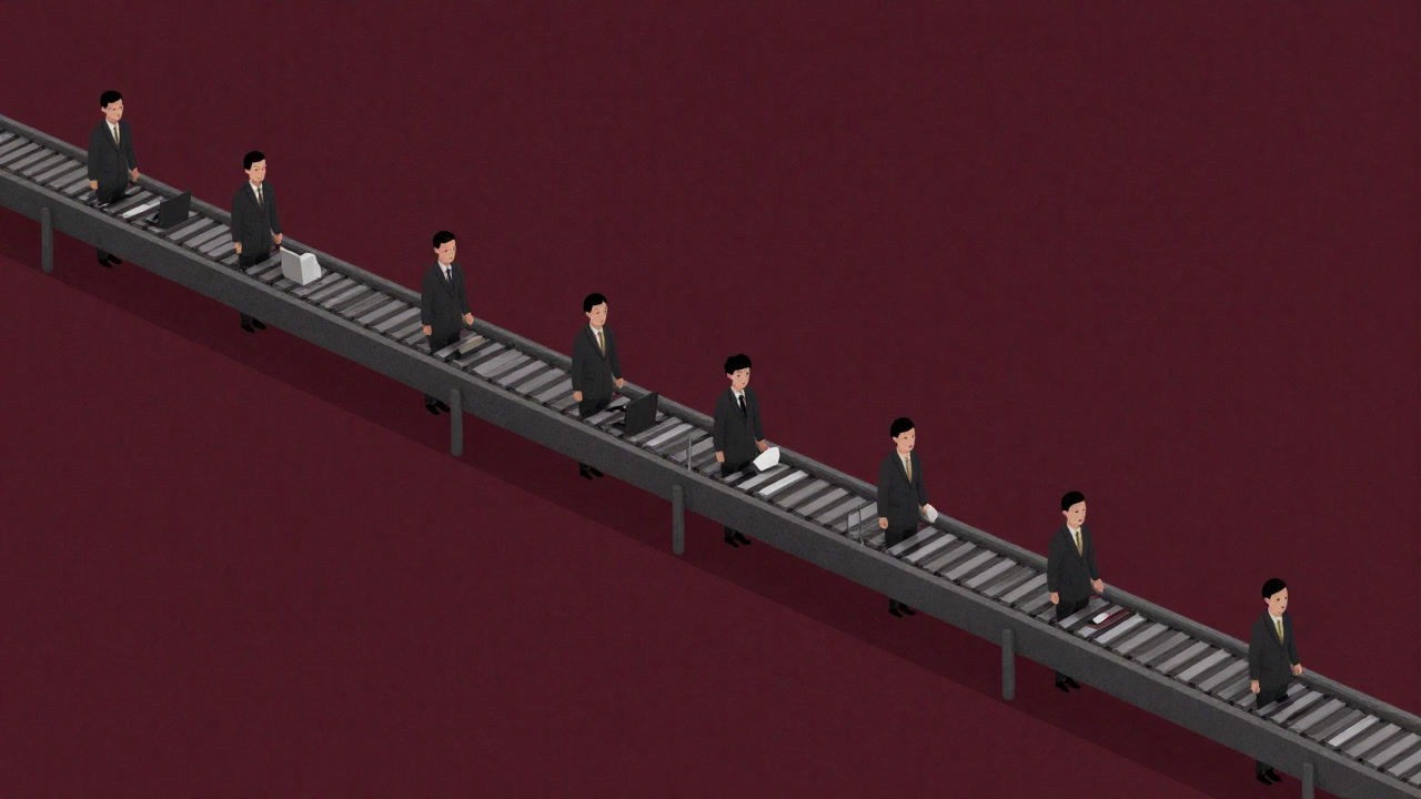 Illustration of expressionless office workers moving along a conveyor belt