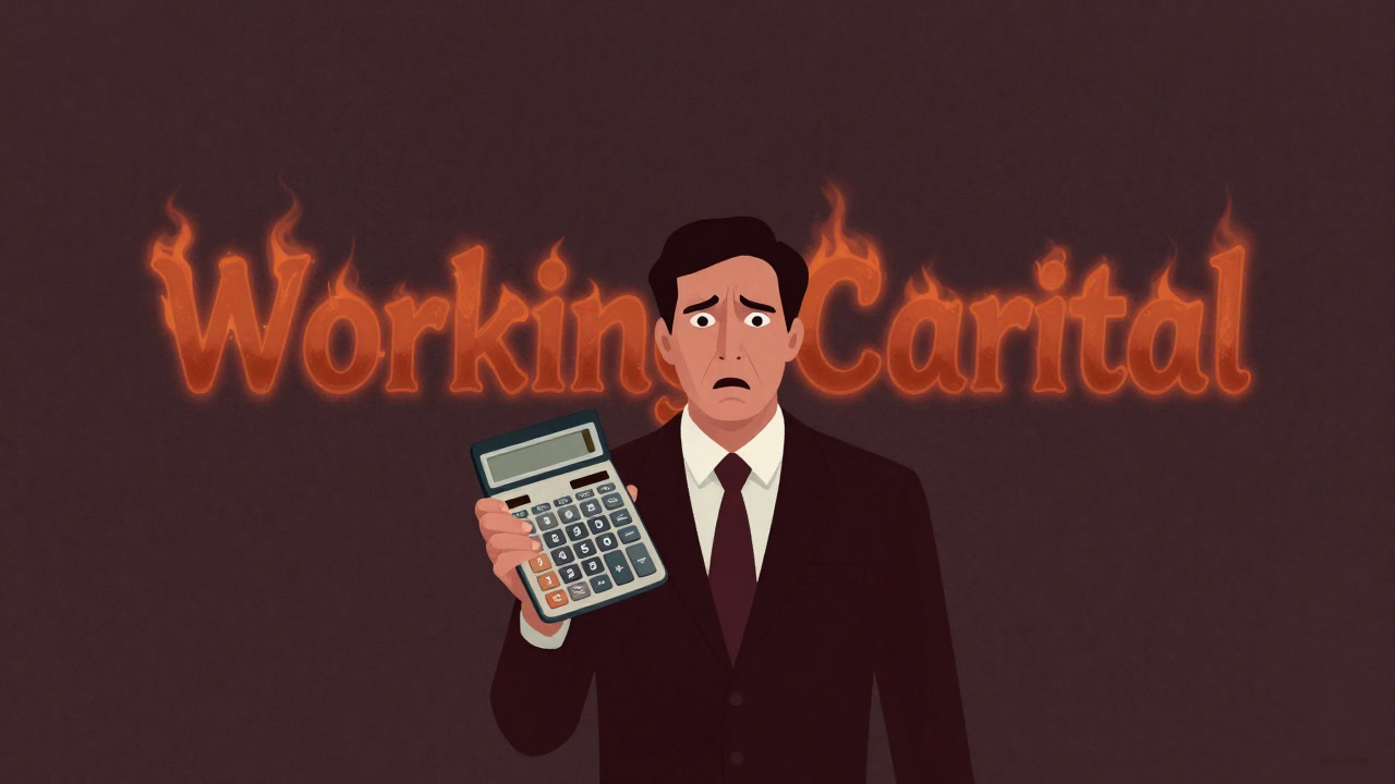 An accountant clutching a calculator with a tense expression against a dark backdrop, with the term 'Working Capital' floating in flames behind them.