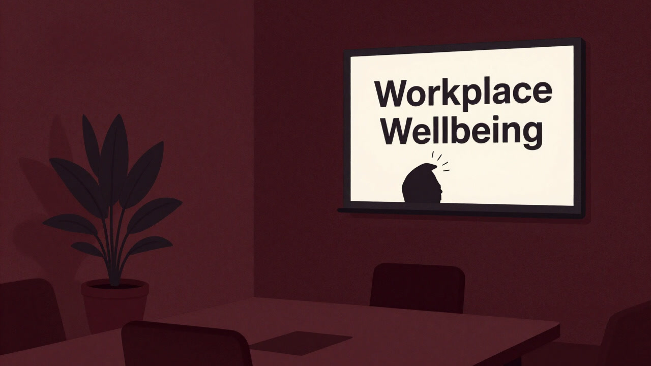 Silhouette of an employee being prompted to take deep breaths in a conference room corner with a potted plant