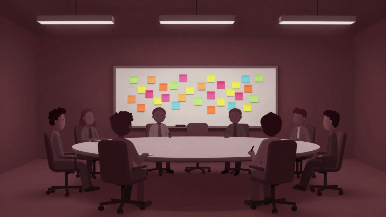 Participants standing vacantly in front of a whiteboard covered in sticky notes around a conference table.