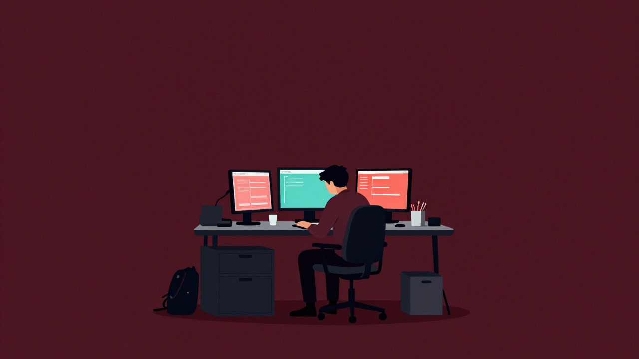 カラフルなデスクとモニターに囲まれ、視線に怯える人物の後ろ姿