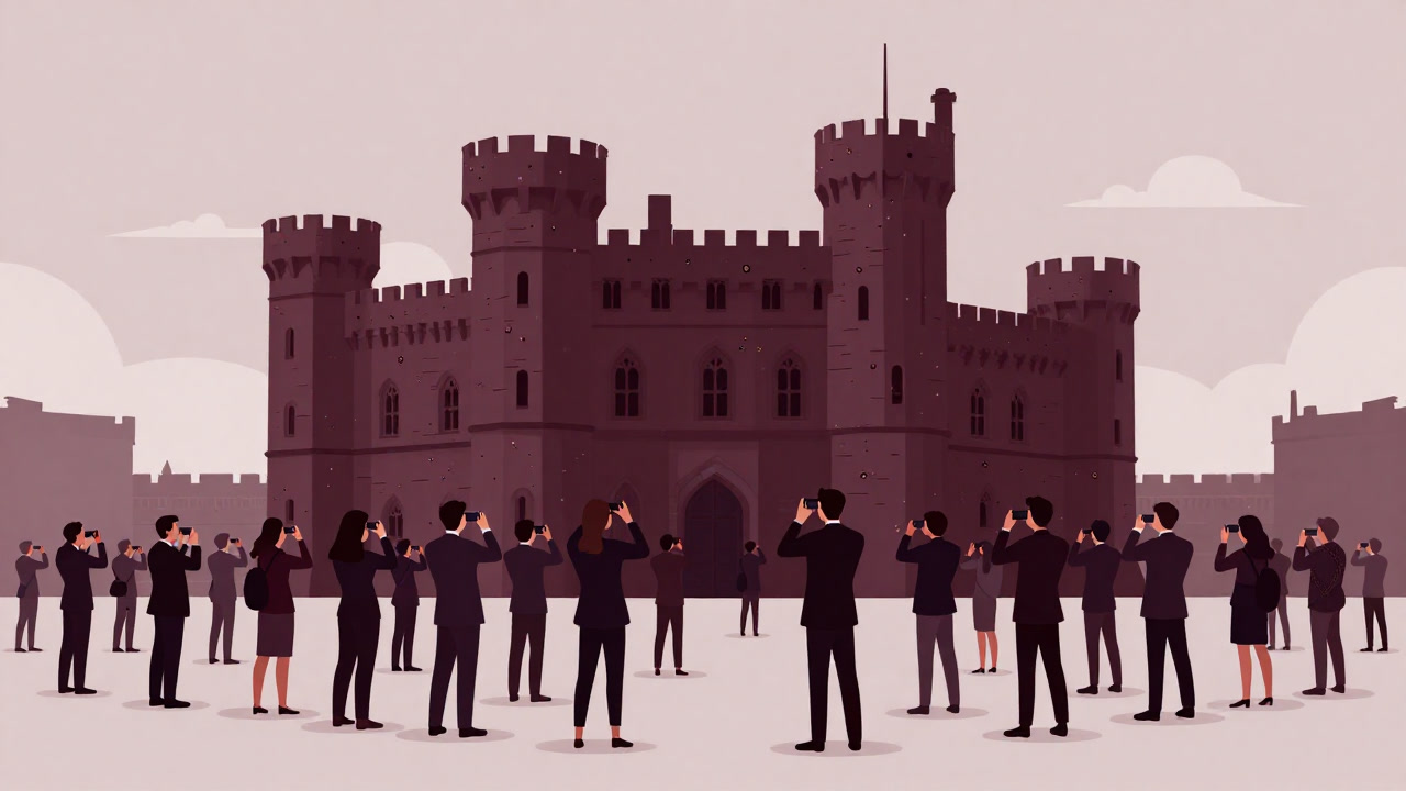 観光客の群れに埋もれた古城が、まるで大衆演劇の舞台となっている光景