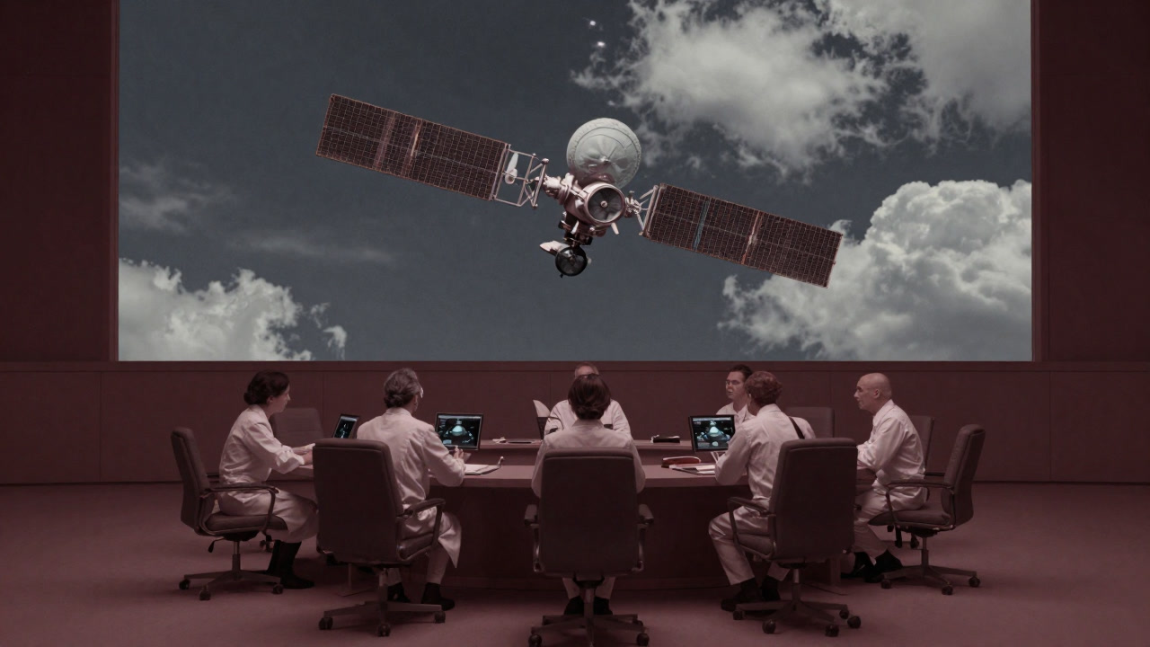 Image of serious scientists in an international conference room studying satellite cloud imagery juxtaposed with composite clouds in the sky