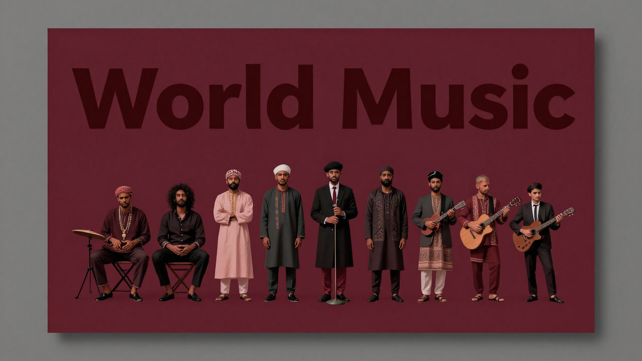Poster-like image of musicians in traditional costumes lined up in a row, emphasizing 'sounds from around the world.'