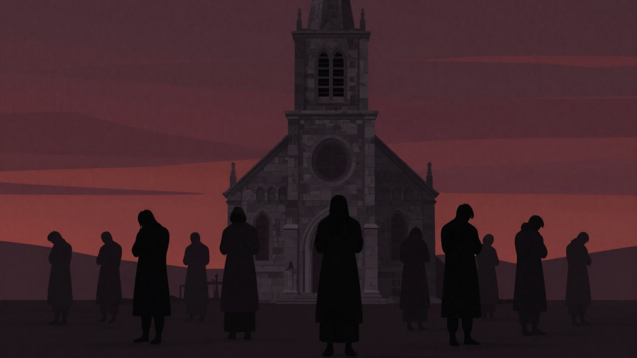 古びた教会の前で、人々が整列し祈りを捧げるシルエットの画像
