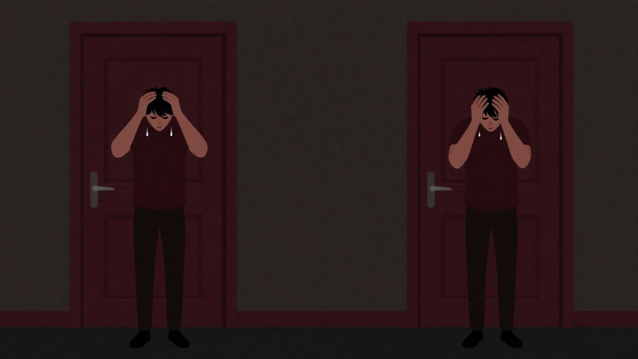 二つの扉の前で頭を抱え、汗をかく人間のシルエット