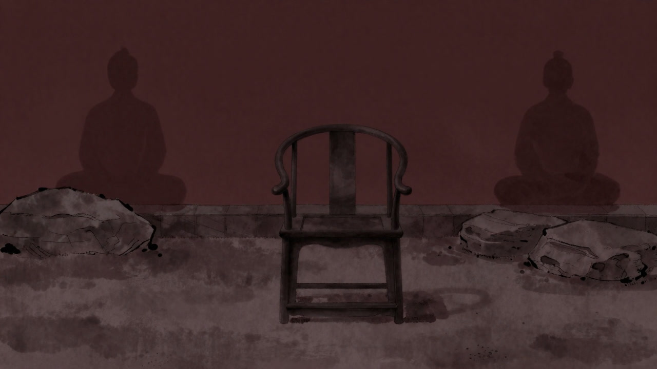 禅庭にぽつんと置かれた空の椅子と、その前で瞑想する人物の影