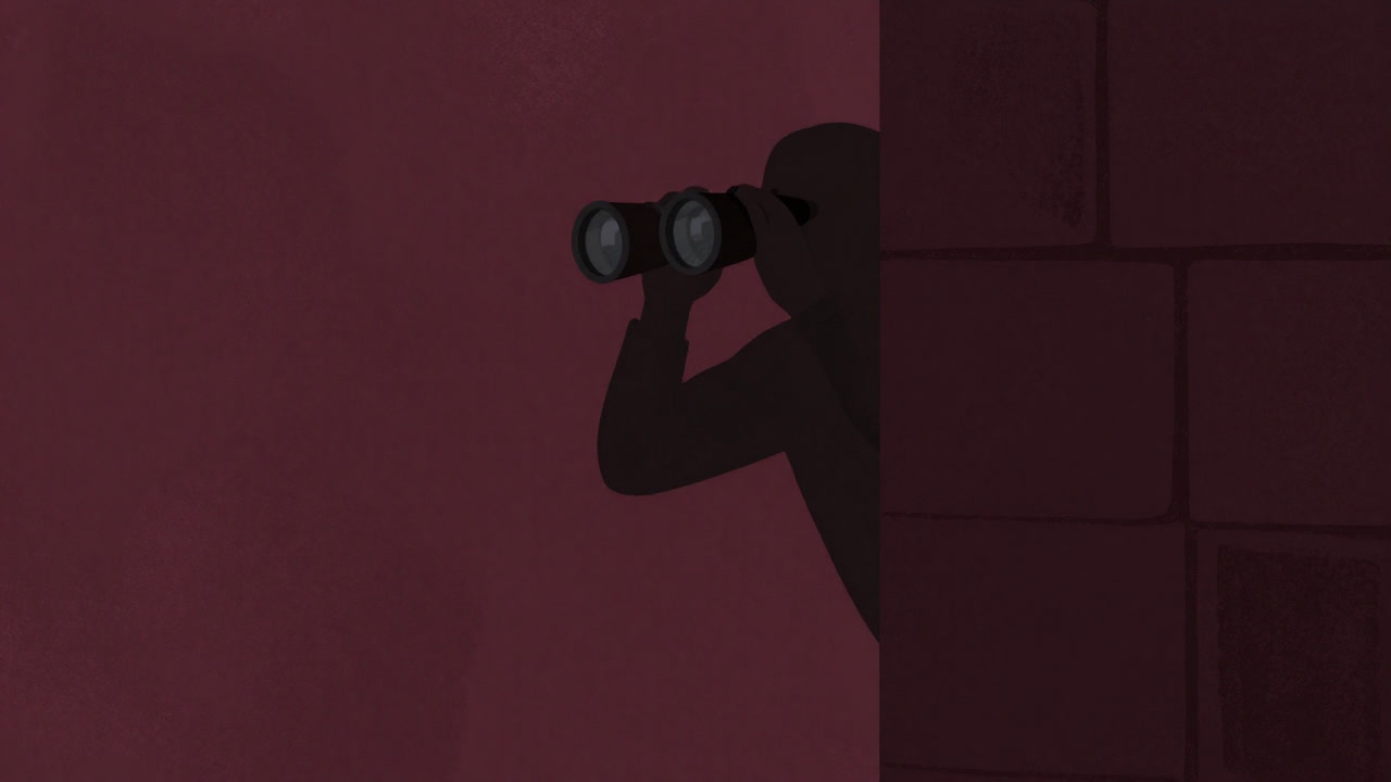 Silhouette of a person watching suspiciously over a wall with binoculars