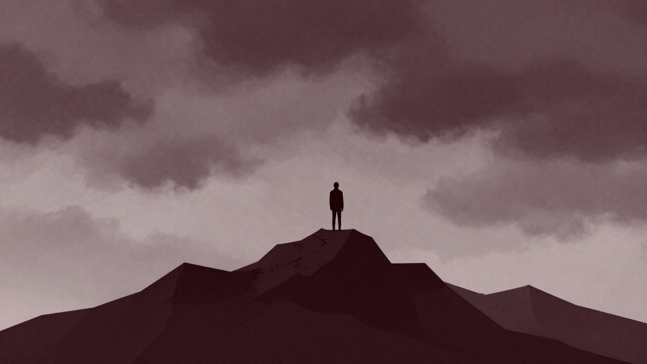 霧に包まれた険しい山頂に立ち、自らの小ささを嘆く人影のシルエットの画像