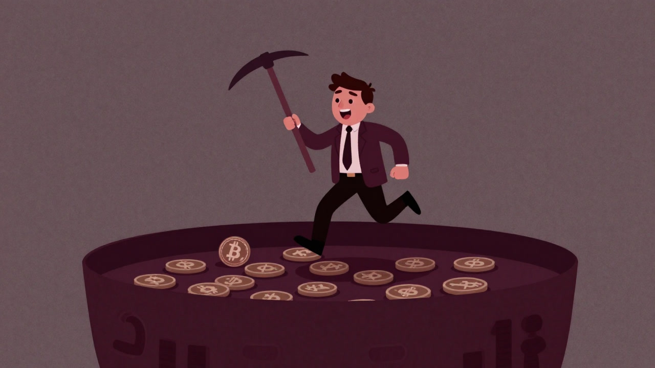 An excited investor character jumping inside a smart contract pool holding a harvesting tool