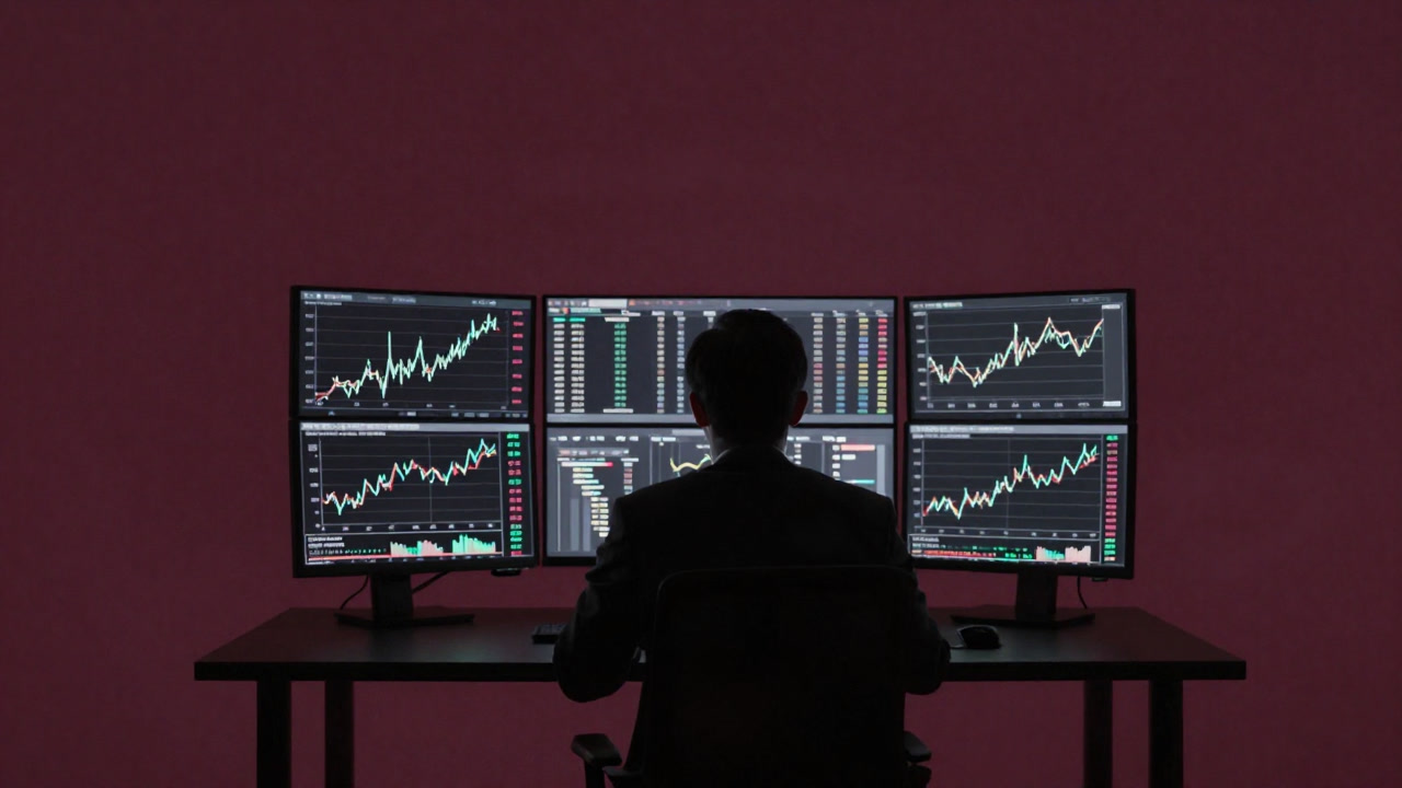 Silhouette of an investor at a desk before dawn, staring anxiously at yield graphs