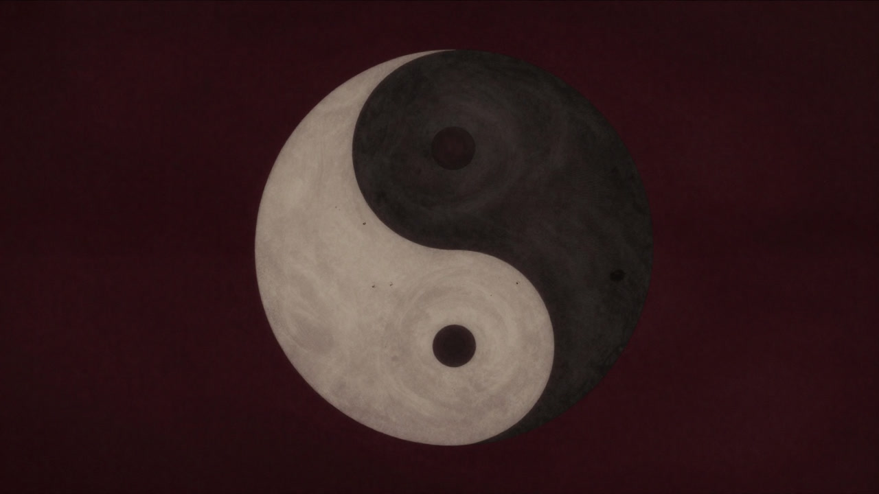 光と闇が渦を巻きながら互いに食い合う象徴的な陰陽シンボルのイラスト