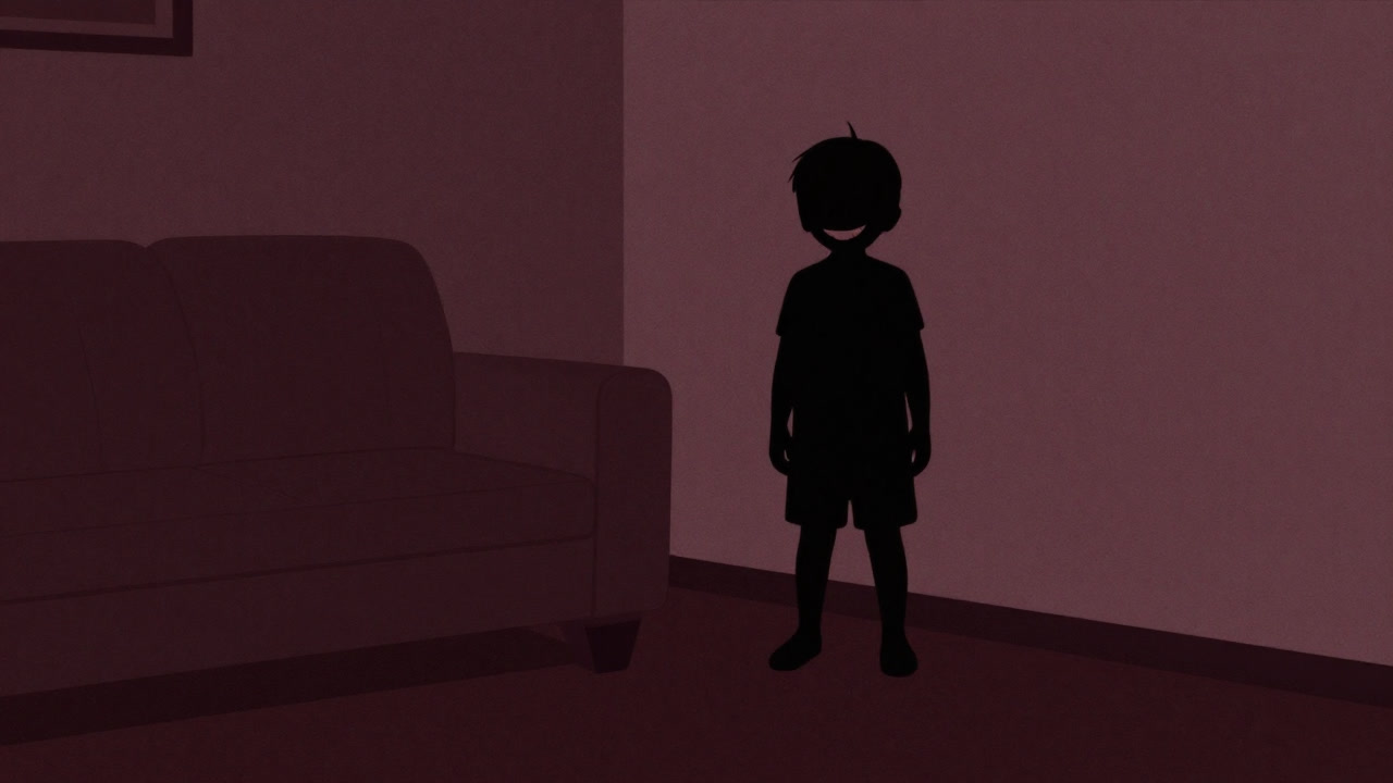 居間の隅でいたずら笑いを浮かべる小さな子供の影絵