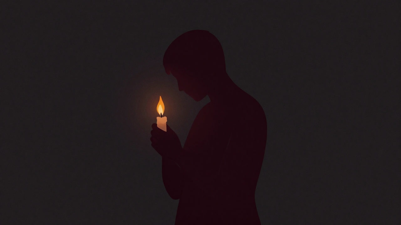 キャンドルの炎を抱えて虚空を見つめる人物のシルエット
