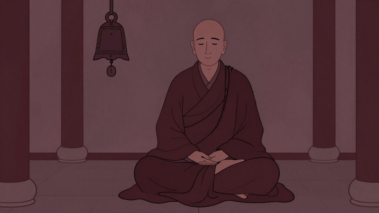 Illustration of a monk sitting cross-legged in a Zen temple, looking bored while waiting for the bell