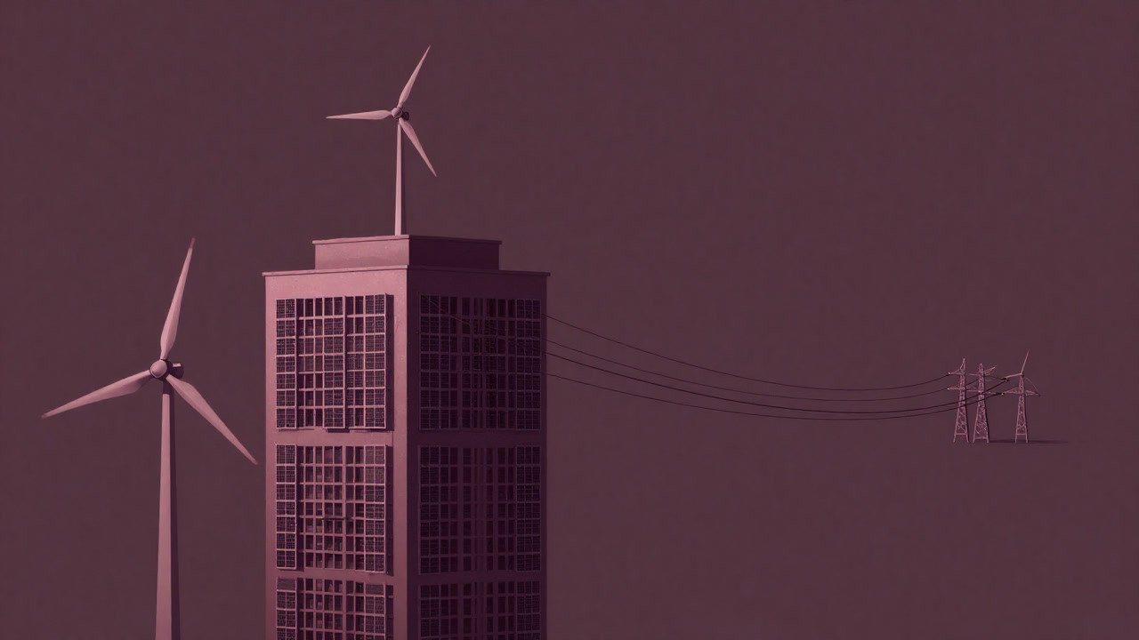 Illustration of a sleek building covered with solar panels and wind turbines yet clinging to the power grid.
