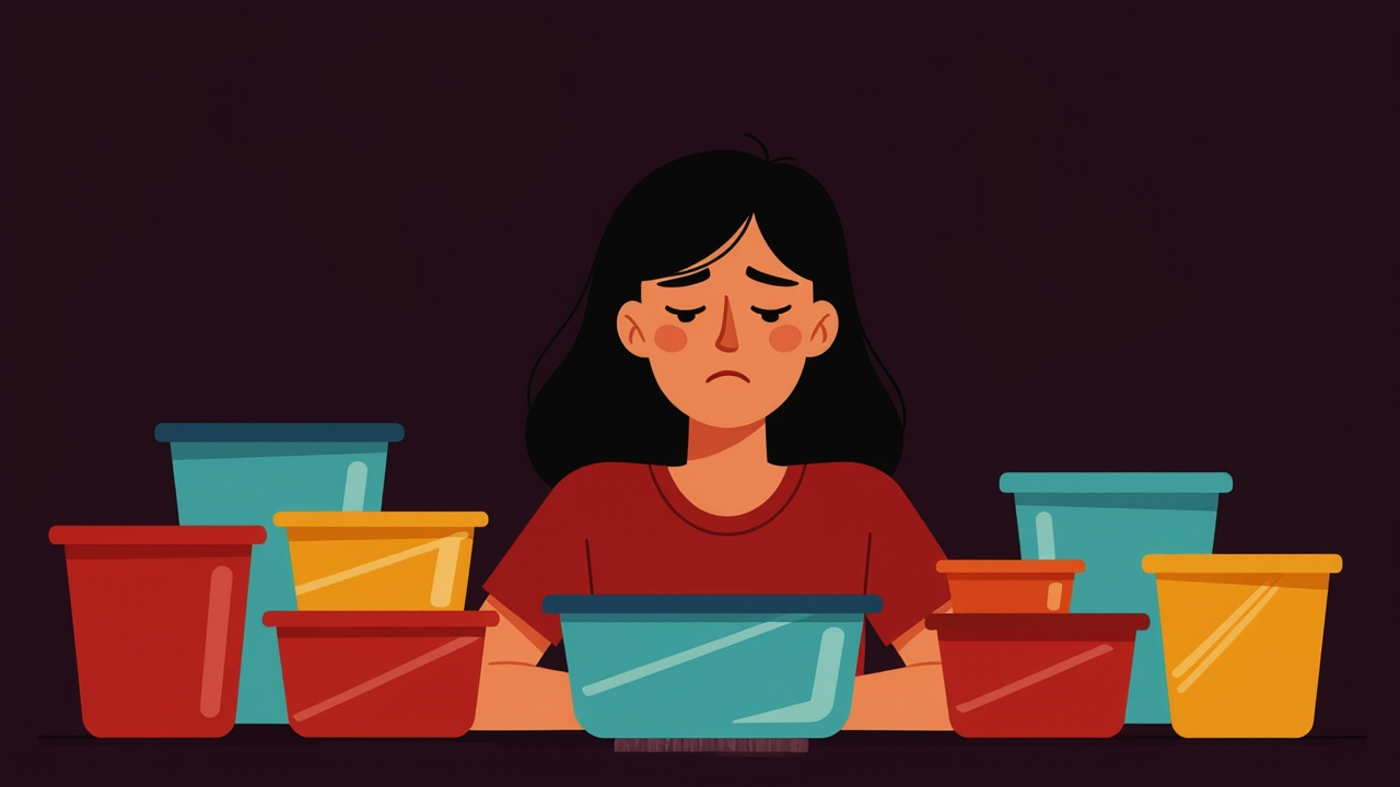 Illustration of a person surrounded by colorful reusable containers, frowning in frustration.