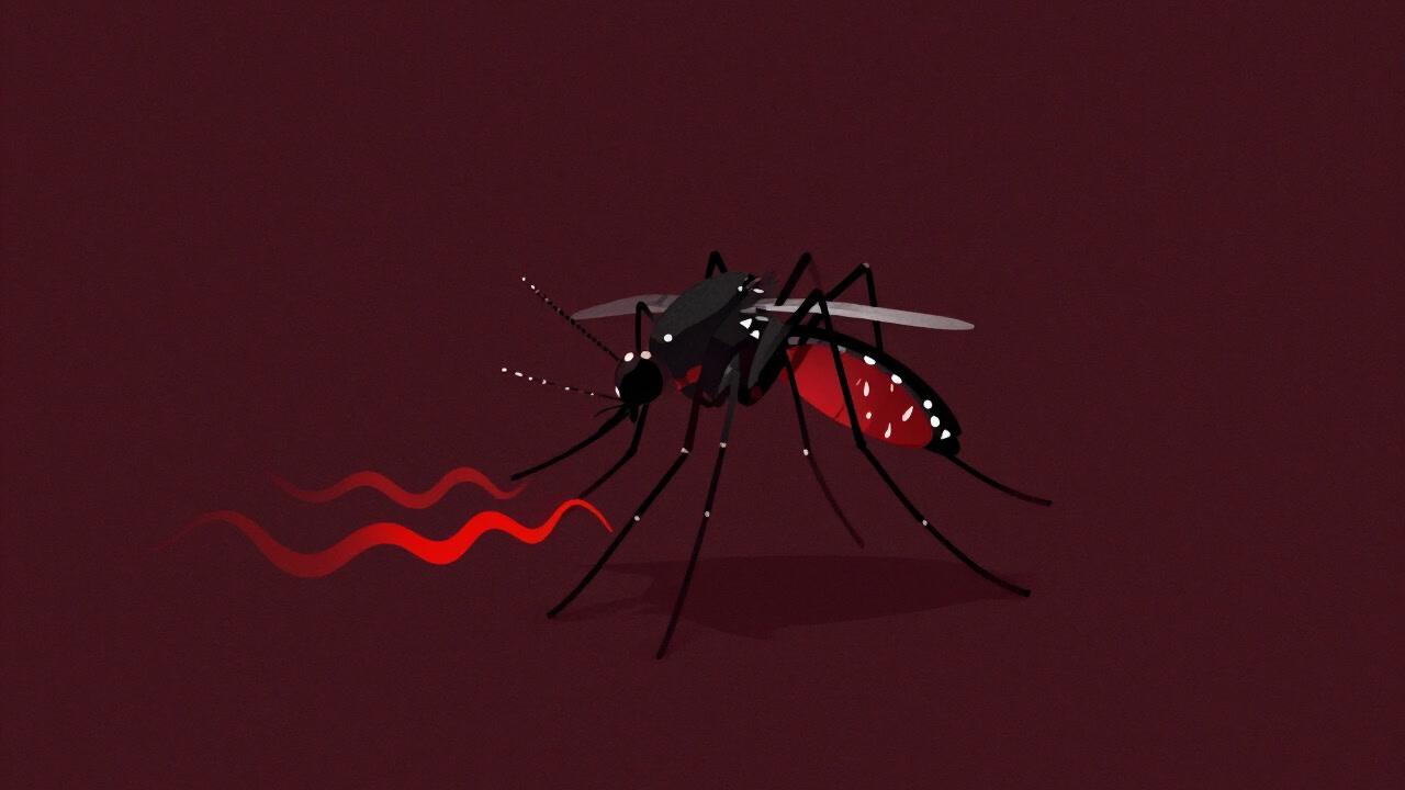 蚊が人の周りを飛び回り、熱を象徴する赤い波紋が広がるイラスト