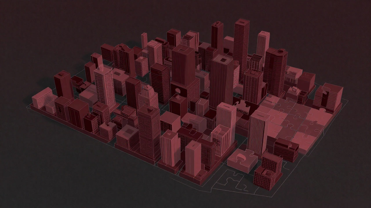 A bird's-eye view of a city divided into colored puzzle-like zones representing zoning districts